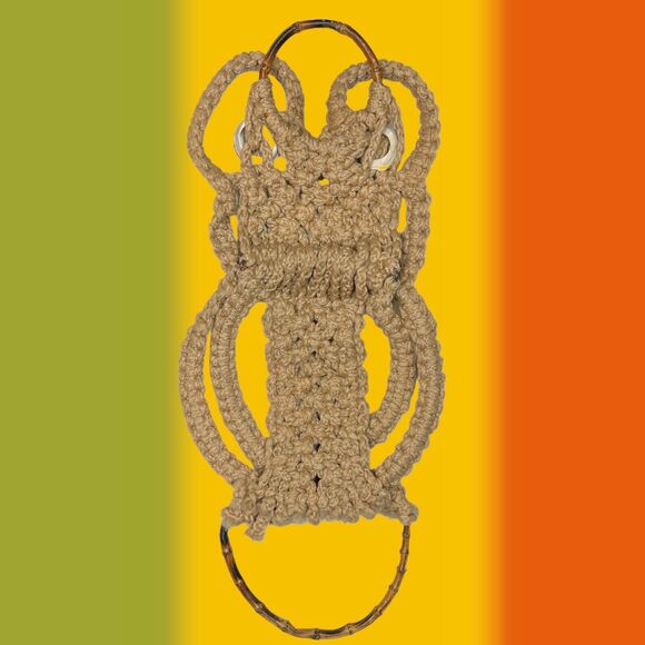 Vintage 70s Macrame Tan Frog Wall Art Decor Hanging Towel Holder Hippy 26x12 - Picture 6 of 11